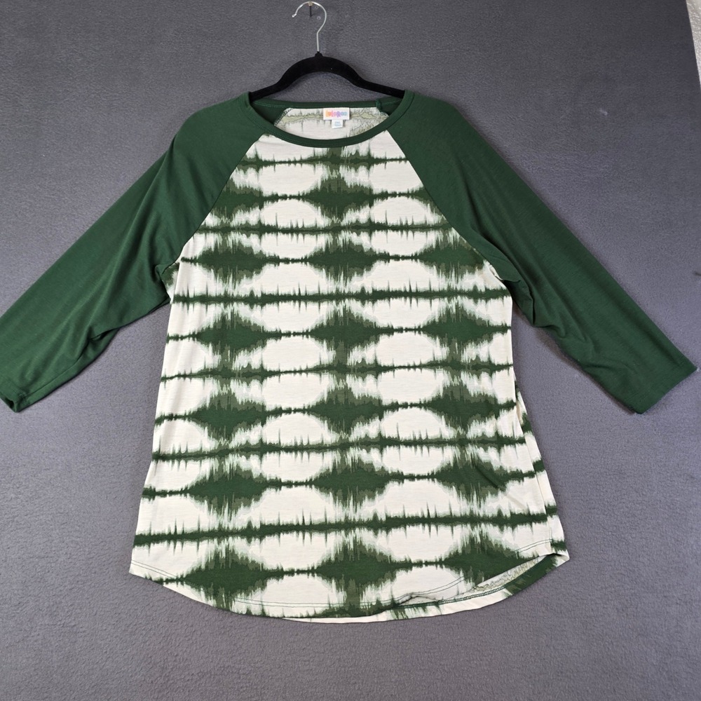 LuLaRoe Randy Top Women 2XL Green White Tie Dye Baseball Raglan Tee